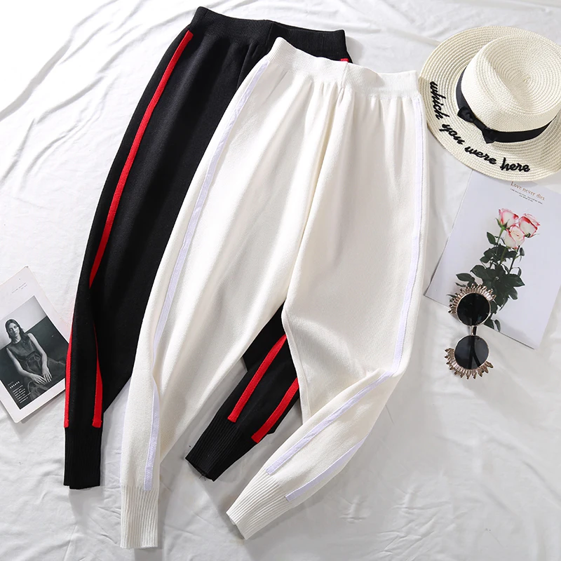Autumn Knitted Harem Pants Women Women's Drawstring Wide Leg Pants Outdoor Comfy Casual Elastic Waist Pants with Pockets