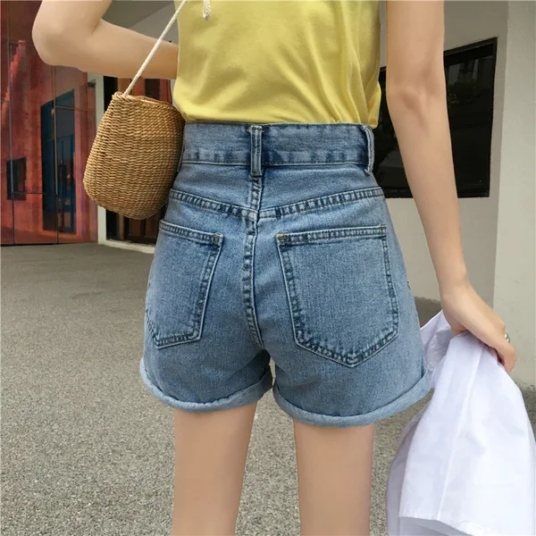 Джинсы с высокой посадкой 2019 прямые шорты карманами для завивки|Комбинезоны c