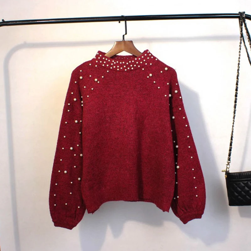 Winered Sweaters CHICEVER Жемчуг Бисероплетение свитера для женщин О-образный вырез фонарь рукав свободные трикотажные пуловеры Топы Женская модная одежда Новинка - Цвет: Winered Sweaters