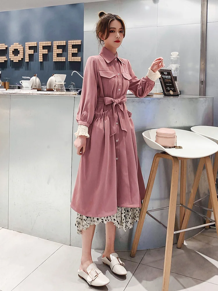 

Women Fashon Pockets design casual Breathable Lightweight trench elegant Buttons up Long thin trench