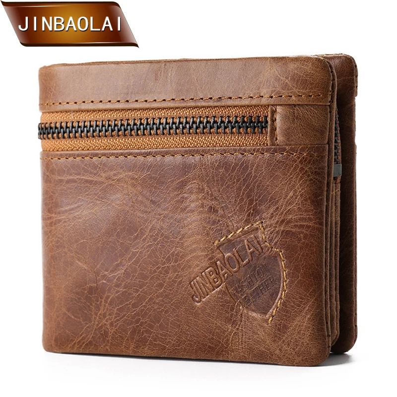 Мужской кошелек JINBAOLAI винтажный из натуральной кожи на молнии спереди с