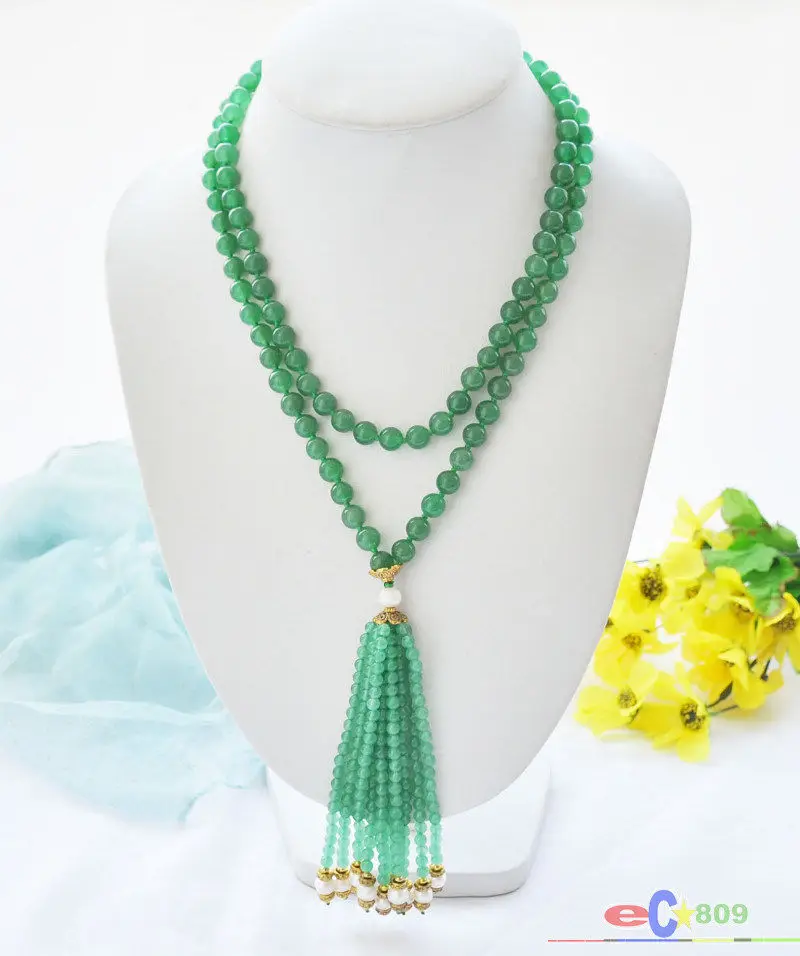 

wholesale 48" 8mm green bead with green Natural Stone and white round pearl tassels sweater necklace