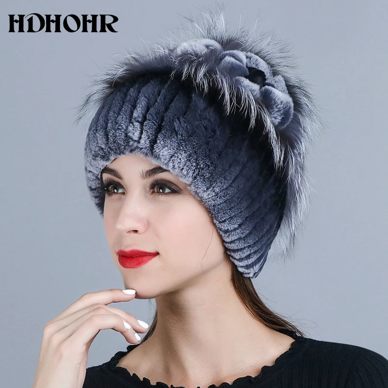 HDHOHR 2018 НОВАЯ шапка из натурального меха шапки кролика Рекс серебристого лисьего
