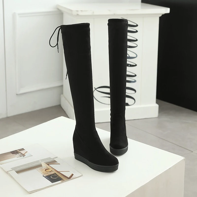 WETKISS 21018 New Platform Women Boots Round Toe Flock Footwear High Heels Elevator Lady Shoes Winter Over The Knee Stretch Boot