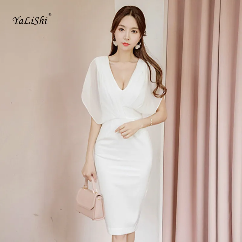 

2021 Plus Size Solid Women Pencil Dress Summer White Puff Sleeve V-neck Knee-length Vintage Office Dress Elegant Party Dress