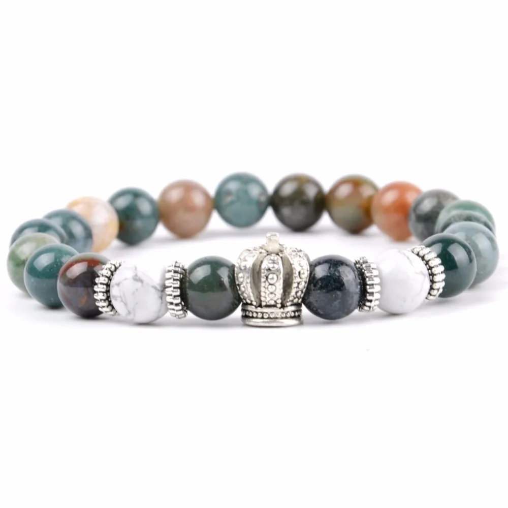 Trendy Crown Charm Bracelets For Women India Agates Jaspers Stone Beaded Bracelet Men Wristband Jewelry Wholesale Pulseras | Украшения и