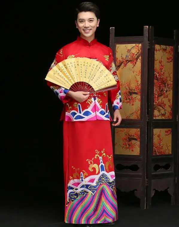 Groom Длинное китайское свадебное платье невесты Cheongsam Qipao Ретро длинное Цветочное платье с рисунком Феникса китайская пара свадебный наряд жениха - Цвет: Groom