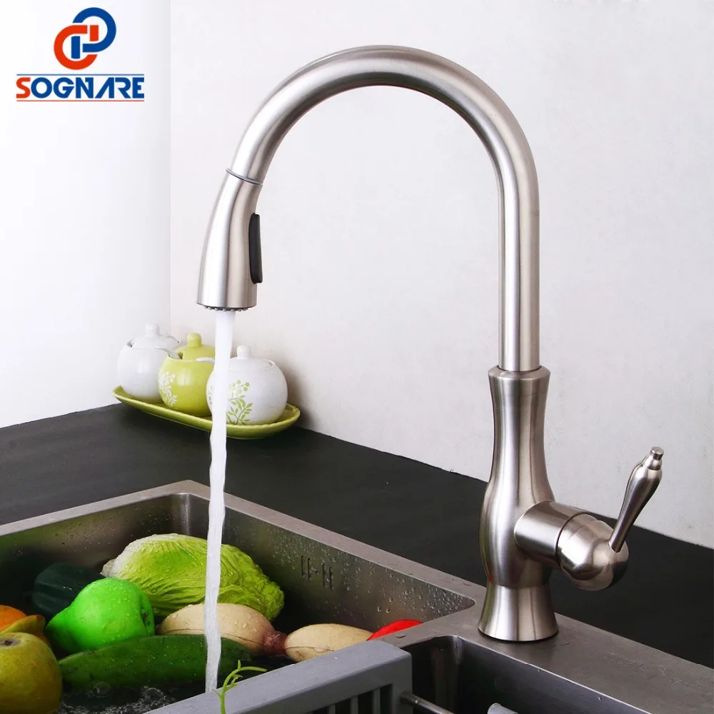 

SOGNARE Spring Kitchen Faucet Brass Brushed Nickel Cold And Hot Water Mixer Pull Out Kitchen Tap For Kitchen Sink Mixer Tap