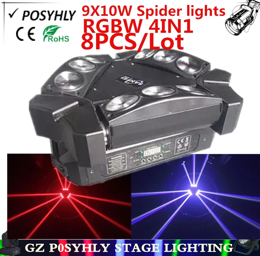 8 шт./RGBW 4в1 9X10 Вт светодиодные лампы пауки dmx512 движущиеся фары головного света