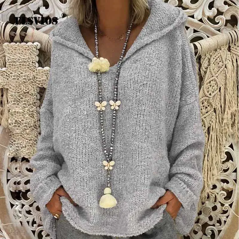 

Свитер женский с капюшоном и V-образным вырезом, на осень/зиму
