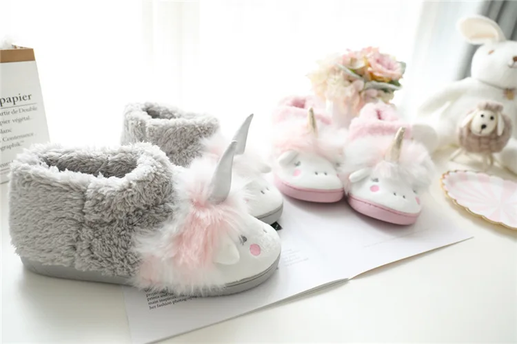 ASILETO Winter cartoon unicorn slippers fur Cotton shoes indoor floor lovely slippers Fluffy slip on cozy size 35-40 Pantoufle