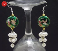 qingmos natural pearl earrings for women with 6 7mm white pearl and 18mm dark green dangle cloisonne earrings for women jewelry