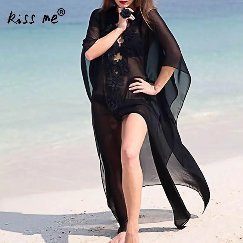 Черное сексуальное прозрачное пляжное платье свободное с цветочным рисунком