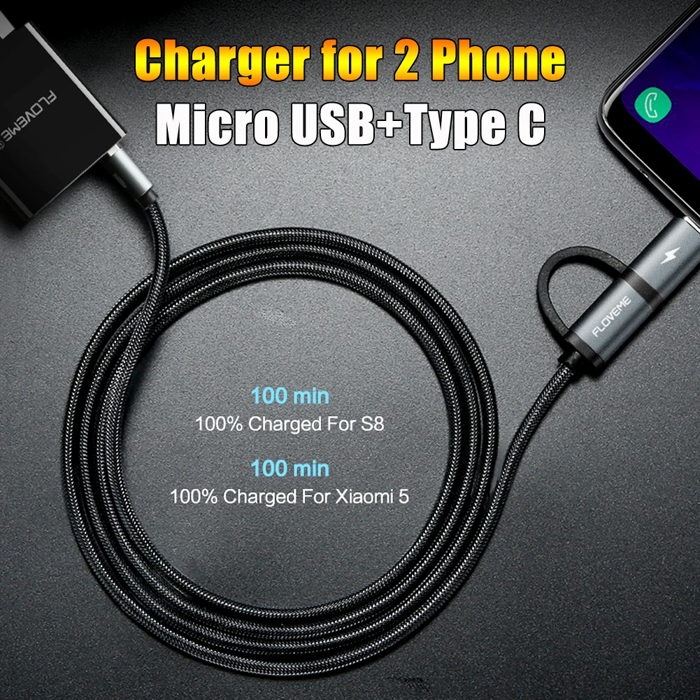 FLOVEME 2 в 1 быстрая зарядка Micro USB/type C кабель для синхронизации данных для samsung huawei двухсторонняя передача данных зарядное устройство провод 1 м
