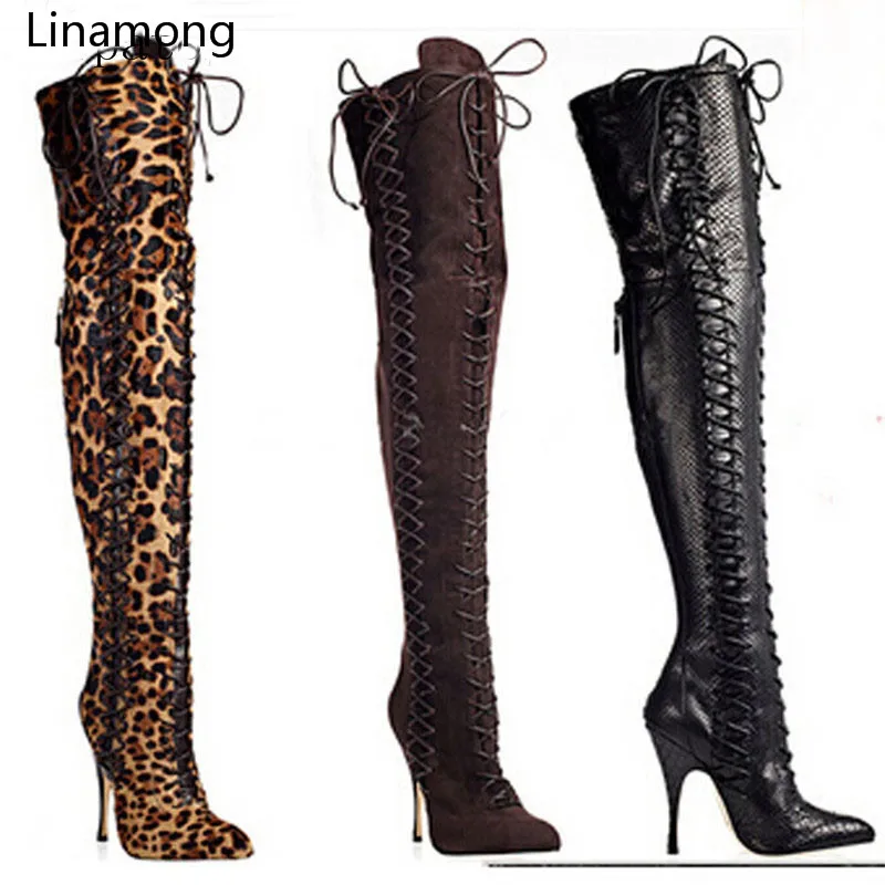 

Женские замшевые сапоги выше колена, с леопардовым принтом, на шнуровке, зимние сапоги-гладиаторы