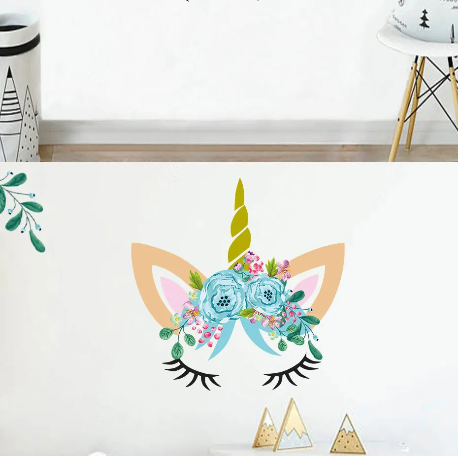 Красивые цветные наклейки на стену с изображением головы единорога для спальни