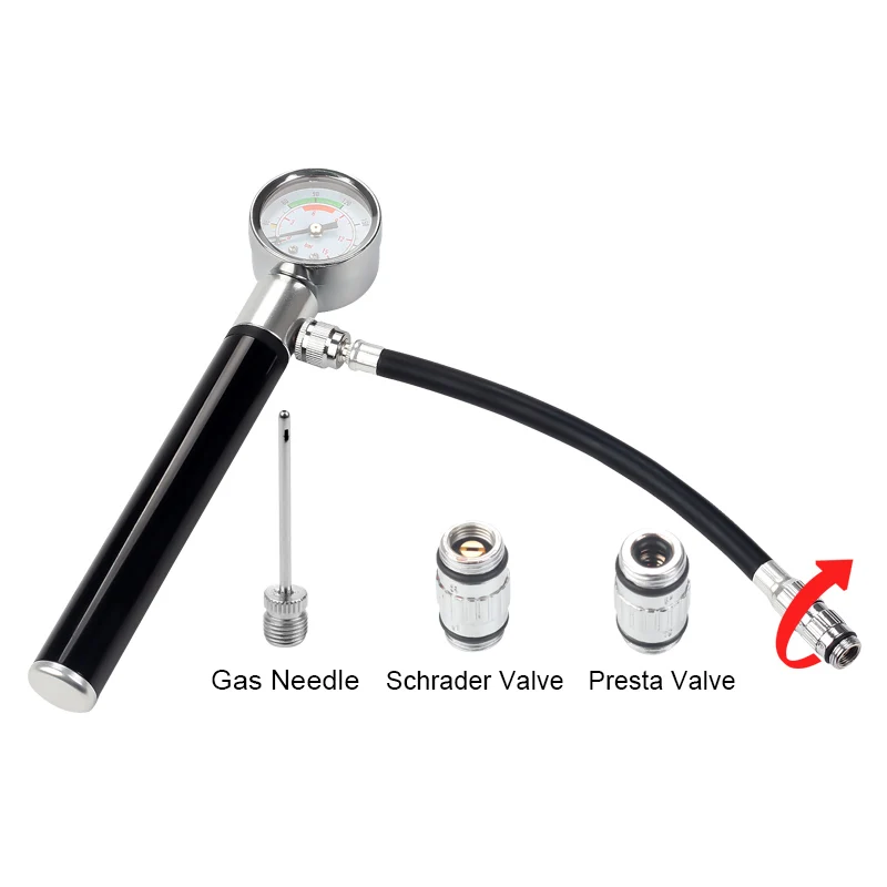 

BIKEIN Bicycle Mini Pump with Gauge MTB Bike Air Pump Ball Needle Presta & Schrader Adapter Portable Mountain Bicycle Inflador