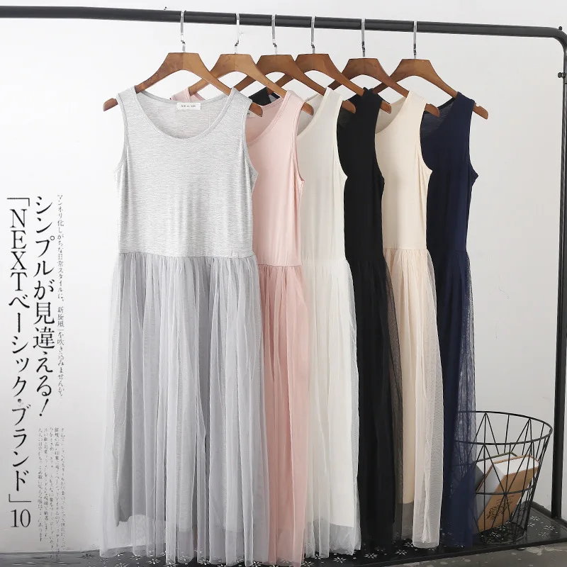 

2018 Summer Comfortable Sexy Lace Mesh Women's Full Slips Sexy Modal Underdress Sleeveless Female Petticoat Slip 6 Color