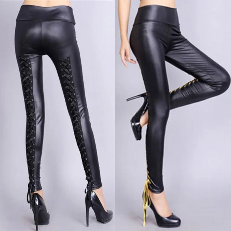 YUFEIDA модные сексуальные женские черные брюки из ПВХ сшитые крестообразные