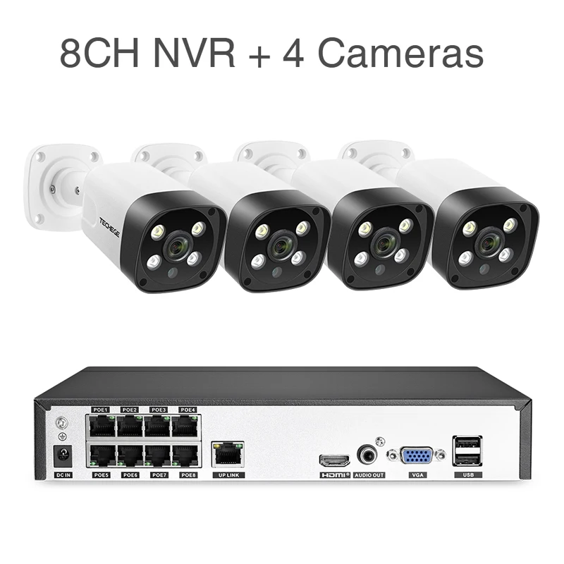 8CH NVR (4Cameras) Techege 8CH супер HD 5MP система видеонаблюдения Двухсторонняя Аудио Обнаружение человека Металл водонепроницаемый открытый AI камера CCTV камера система - Color: 8CH NVR (4Cameras)