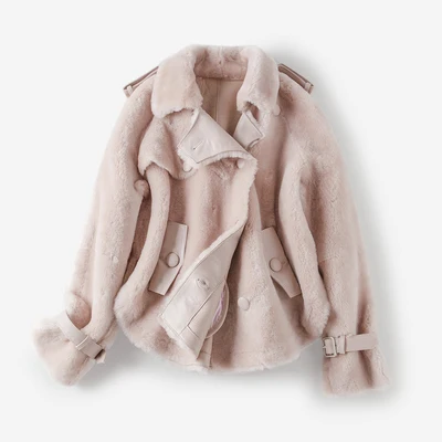 OFTBUY пальто с натуральным мехом, зимняя куртка для женщин, мех Мериносовой овцы, натуральная кожа, куртка с подкладкой, толстая теплая парка с натуральным мехом - Цвет: Розовый