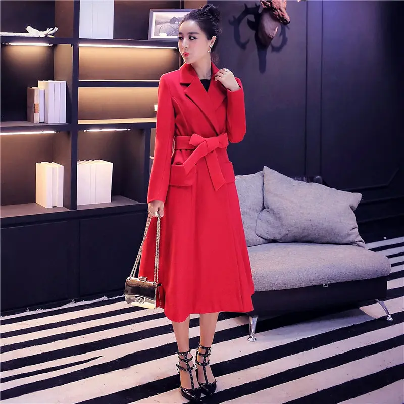 Красное шерстяное пальто 2019 зимнее женское элегантное длинное манто Femme модное