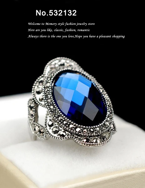 Модный винтажный стиль большой голубой камень кольцо богемное Белое Золото Цвет