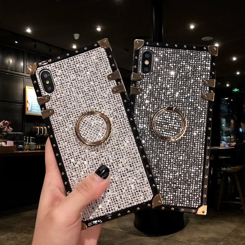 GYPHCA Luxury Bling Glitter Diamond Square Kickstand Phone Case For iPhone 11 11Pro max 6 6s 7 8 Plus X Xr Xs Max Fashion Soft Silicone |