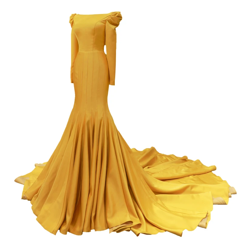 Женское платье-Русалочка желтое вечернее платье с длинным рукавом 2019 | Свадьбы и