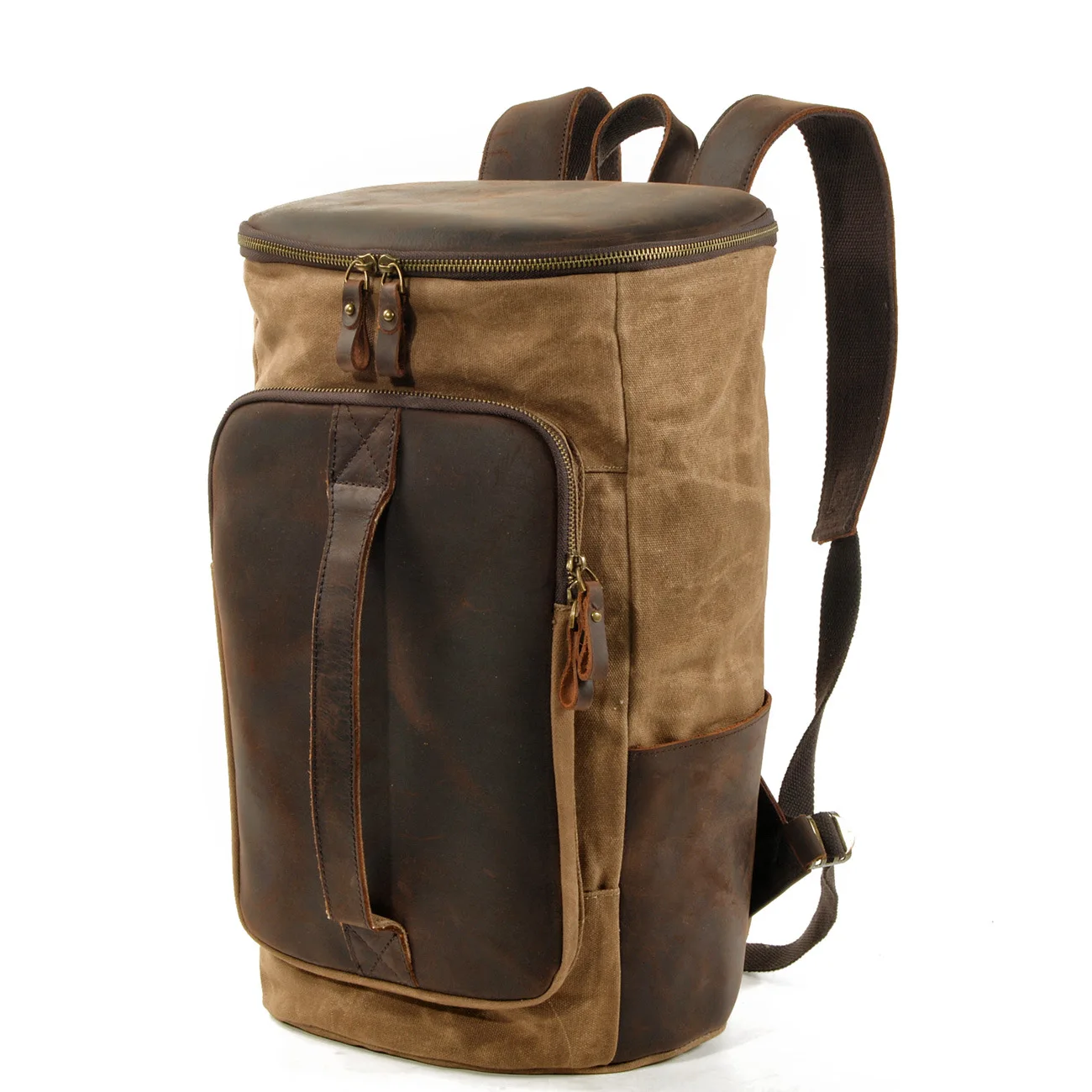 Men Outdoor Casual Vintage Wax Waterproof Canvas Backpack Teenager Cylindrica Sporty Travel Bookbag School Bags