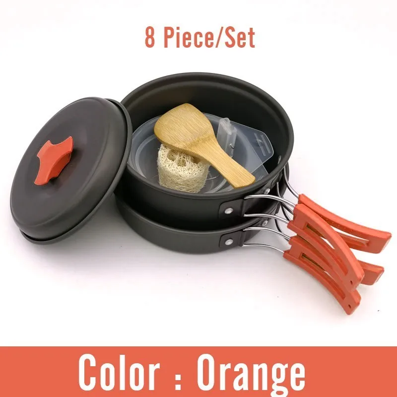 Orange 7 шт./компл. 1-2 человек Портативный уличная походная кухонная посуда Пособия по кулинарии пикника кастрюля, миска, сковорода Наборы алюминиевого сплава посуда - Цвет: Orange