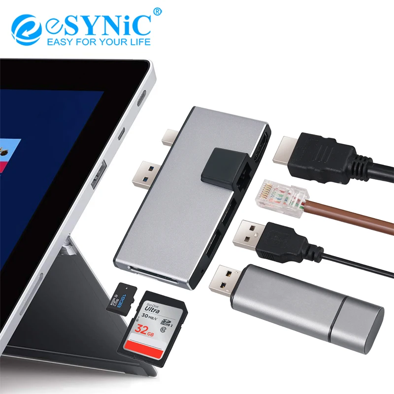 ESYNiC портативный для Surface Pro концентратор с 1000 м Ethernet LAN + 2 порта USB 3 0 Mini DP к HDMI SD/TF (Micro