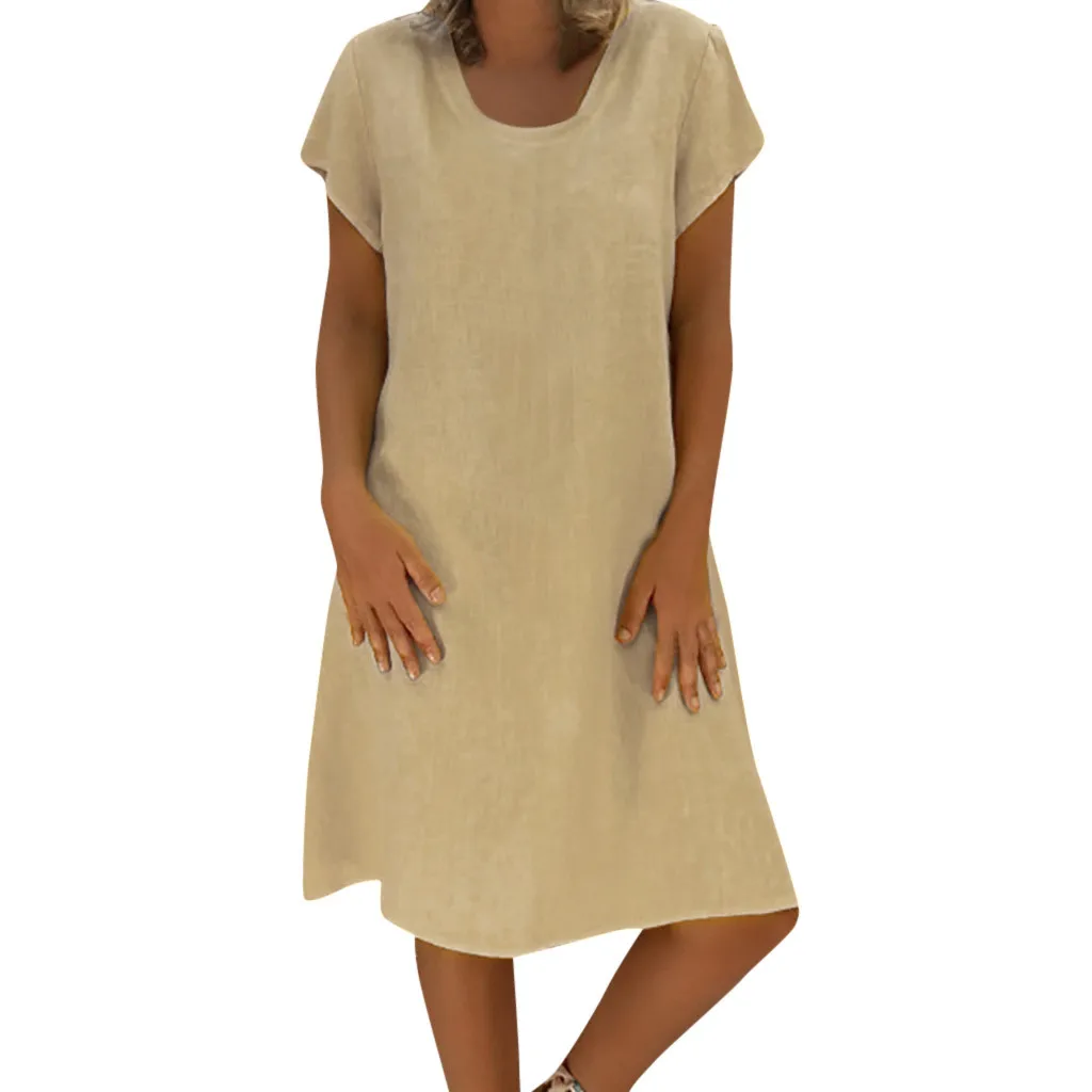 Летние Женские однотонные платья с коротким рукавом Feminino Vestido Футболка женская повседневная из хлопка и льна размера плюс Дамское Платье