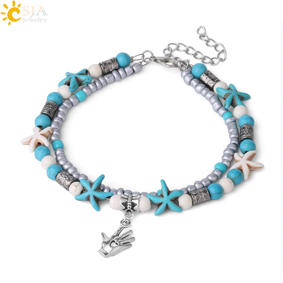 CSJA Trendy Anklets for Girlfriend Double Beaded Starfish Shell Heart Hand Charms Anklet Summer Foot Chain Jewelry Cheville F892 | Украшения