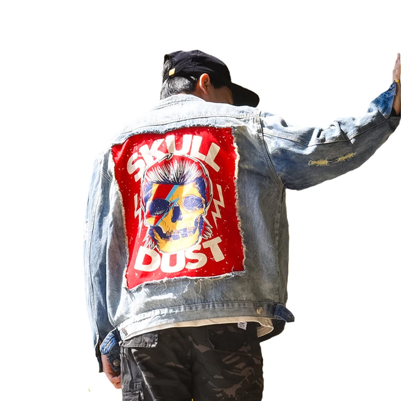 Уличная Повседневная мужская куртка в стиле рок джинсовая с черепом винтажном