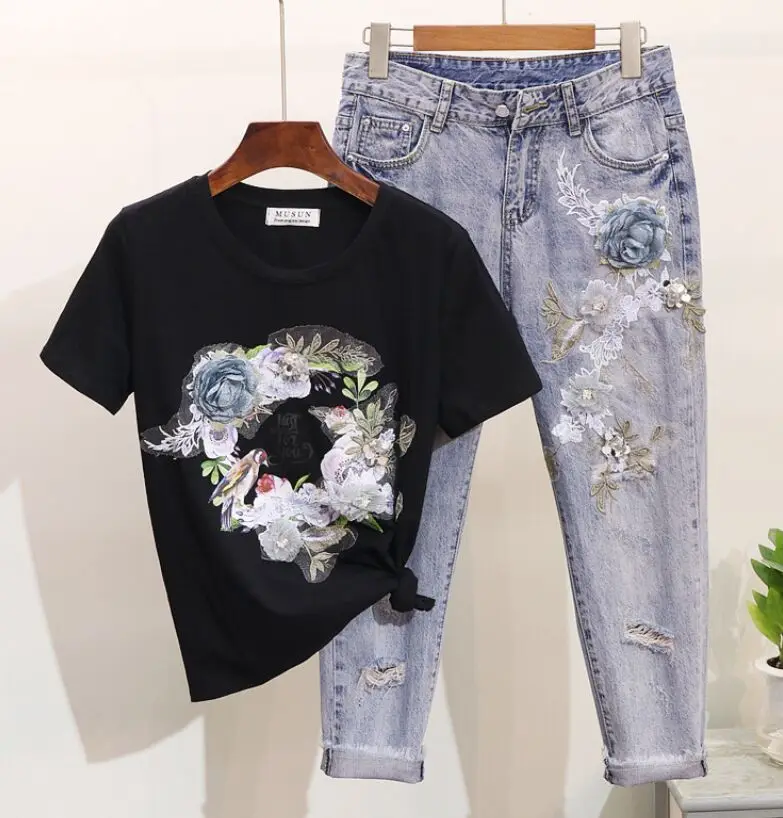 Black Set Amolapha для женщин тяжелая работа 3D цветок печатных хлопок футболки+ джинсы 2 шт. комплекты одежды костюмы - Цвет: Black Set