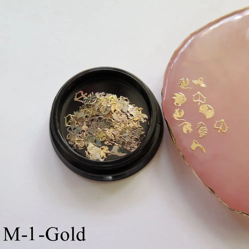 M-1-Gold 1Jar дизайн ногтей смешать различные металлические наклейки в баночки зодиака Снежинка Рождество Хэллоуин серии мультфильм M1-M9 - Цвет: M-1-Gold