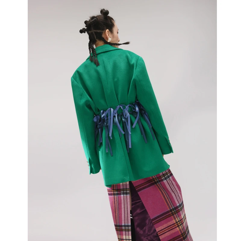 Женский свободный шерстяной Блейзер с лентой и бантом зеленая парка
