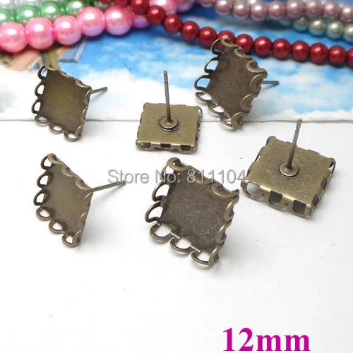

12x12mm Vintage Antique Bronze Plated Blank Bases Square Lace Bezel Cabochon Settings Stud Pins Earrings Findings Wholesale