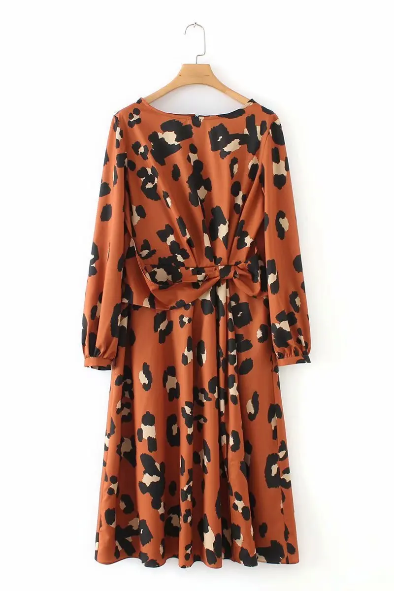 Women leopard print pleated midi dress animal pattern long sleeve split female fashion casual dresses vestidos |