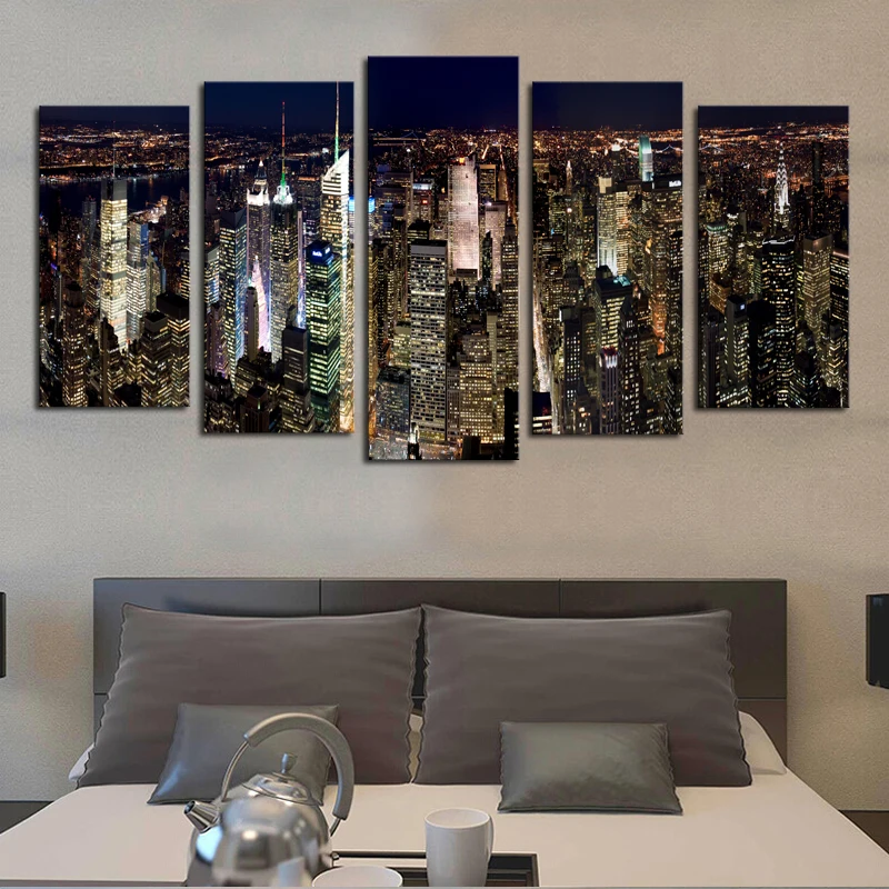 Без рамки 5 панелей город в ночное время HD Модульная картина холст печать