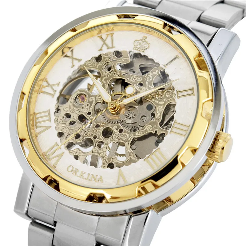 Классические мужские часы ORKINA механические наручные золотого и черного цвета с
