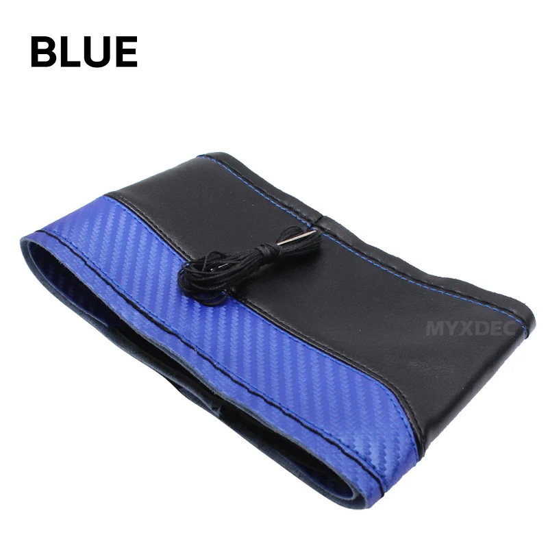 Blue Спортивный дизайн, углеродное волокно, натуральная мягкая кожа, чехол на руль, сделай сам, ручная работа, чехол, иглы, нить для стайлинга автомобилей, диаметр 38 см - Название цвета: Blue