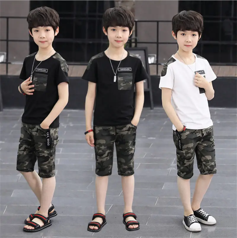 Summer Boys Comouflage Clothing Sets Short-Sleeve Shirts+Pants Clothes Sets For Kids Sports Suits Teenager Tracksuits