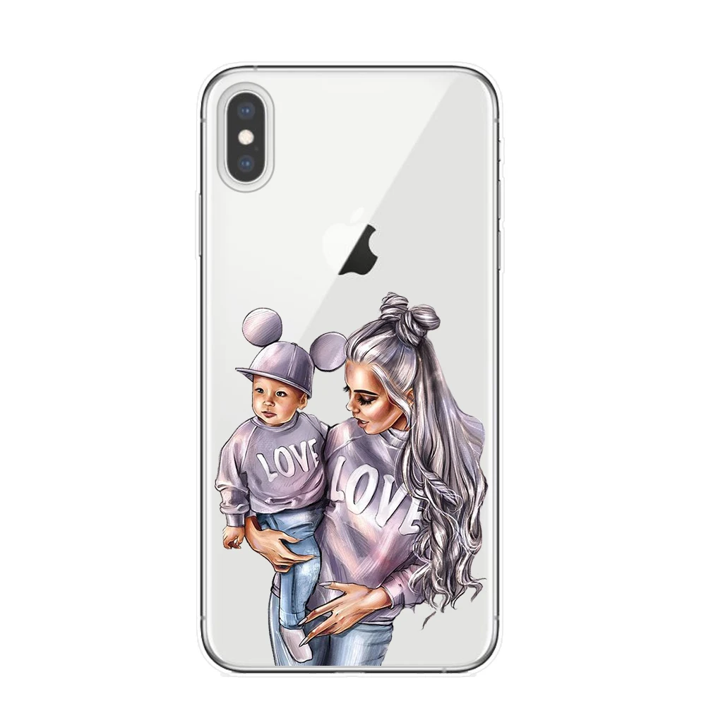 Модный мягкий чехол из ТПУ для мамы и дочки iPhone 11 Pro XS Max X XR 8 8Plus 7 6 6S Plus 5S SE