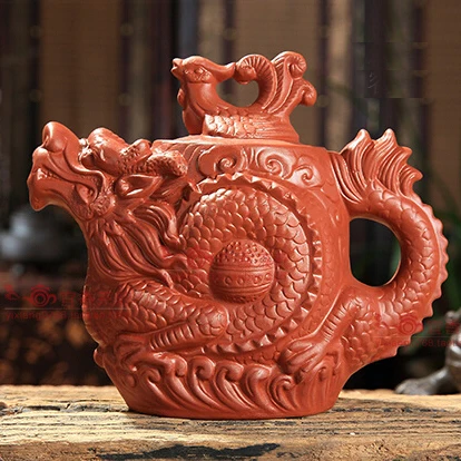 Yixing teapot Dragon and phoenix teapot 500cc big capacity chinese tea set handicraft  Red Dragon Relief Pot  kung fu teapot