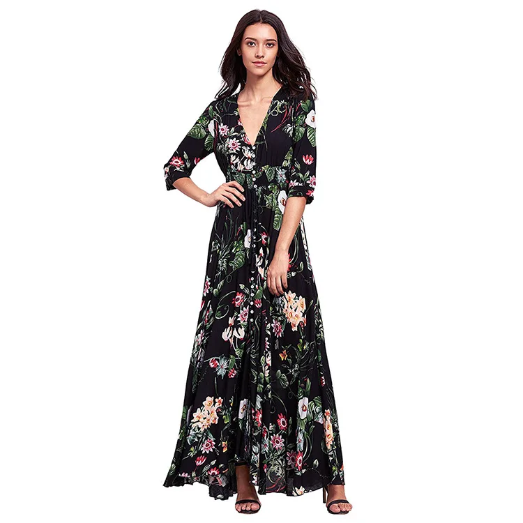Elexs женщин чешский глубокий v шеи цветочные summer long dress beach sun 7572|summer dress|sun dresslong |