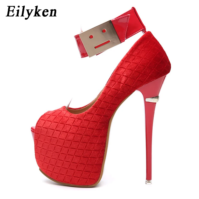 

Eilyken Spring Sexy Woman Pumps Platform Heels Party Peep Toe Hook & Loop Shoes Wedding Red Black size 34-40