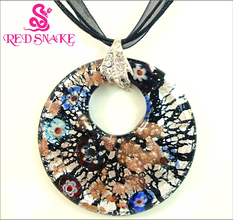 

RED SNAKE Murano Glass Black Multi Color Point Round Pendant Necklaces