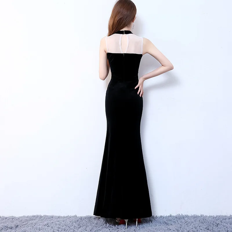 Qipao – robe de soirée chinoise longue, transparente, Sexy, sans manches, bleue, fente ouverte, dos nu, broderie Cheongsam, 2020